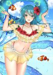  1girl :d absurdres aqua_eyes aqua_hair bangs bikini breasts clownfish collarbone eirika_(fire_emblem) fire_emblem fire_emblem:_the_sacred_stones fire_emblem_heroes fish flower hair_flower hair_ornament highres holding holding_innertube innertube jewelry long_hair looking_at_viewer mari48240422 navel necklace official_alternate_costume red_flower smile solo swimsuit water yellow_bikini 