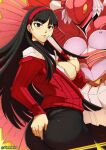  1girl amagi_yukiko artist_name black_eyes black_hair blush breasts breasts_out hairband hand_fan highres holding holding_fan long_hair looking_at_viewer nipples no_bra panties panties_under_pantyhose pantyhose persona persona_4 pink_seito school_uniform sideboob underwear very_long_hair 