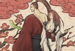  1boy 1girl back-to-back baiken bird branch breasts cleavage flower grin guilty_gear holding holding_smoking_pipe japanese_clothes kibagami_genjuro kimono large_breasts long_hair looking_at_another m.u.g.e.n mugennagi muscular muscular_male one_eye_closed ponytail red_eyes red_flower red_hair samurai_spirits single_strap smile smoking_pipe standing tattoo white_kimono yellow_background 