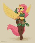  2022 4:5 anthro asimos belt bottomwear brown_bottomwear brown_clothing clothing equid equine female fluttershy_(mlp) friendship_is_magic grass green_clothing green_topwear grey_background hasbro hi_res mammal my_little_pony pegasus plant shorts simple_background solo topwear unguligrade_anthro wings yellow_body 