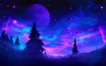  artist_name aurora dark fantasy field fog forest grass highres leaf miloecute nature night night_sky original pine_tree planet purple_theme scenery signature sky sparkle star_(sky) starry_sky tree 