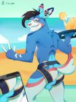  anthro beverage bulge canid canine clothing fangs hi_res holding_object jockstrap lemonade male mammal multicolored_body munax_od muscular muscular_male one_eye_closed phone solo underwear wink 