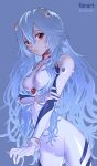  1girl artist_name ayanami_rei blue_hair bodysuit breasts cowboy_shot evangelion:_3.0+1.0_thrice_upon_a_time grey_background hair_between_eyes highres interface_headset long_hair looking_at_viewer medium_breasts neon_genesis_evangelion plugsuit rasneko rebuild_of_evangelion red_eyes thighs twitter_username white_bodysuit 