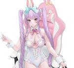  1girl animal_ears bangs bare_shoulders breasts chair cleavage detached_collar drill_hair ear_piercing highres long_hair ohisashiburi original piercing purple_eyes purple_hair rabbit_ears simple_background sitting solo twin_drills very_long_hair white_background wrist_cuffs 
