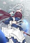  1girl apron between_fingers blue_eyes cowboy_shot cuffs grey_hair highres holding holding_mop izayoi_sakuya knife long_hair long_sleeves maid maid_headdress mop orb perfect_cherry_blossom red_scarf sarasadou_dan scarf scarf_over_mouth snow solo touhou waist_apron white_apron wind 