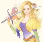  1girl arm_ribbon bangs blonde_hair blue_eyes blue_ribbon blue_shirt breasts celes_chere cleavage dated final_fantasy final_fantasy_vi floral_background flower hair_behind_ear hair_flower hair_ornament holding holding_sword holding_weapon lace-up_legwear leaf long_hair long_sleeves looking_at_viewer medium_breasts over_shoulder parted_bangs puffy_sleeves regan_(hatsumi) ribbon rose shirt smile solo sword upper_body wavy_hair weapon weapon_over_shoulder 