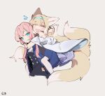  2girls animal_ear_fluff animal_ears aqua_hairband arknights blue_eyes blue_jacket blue_poison_(arknights) carrying dailybloopy fox_ears fox_girl fox_tail hair_rings hairband jacket kitsune kyuubi long_hair low_twintails multiple_girls multiple_tails open_clothes open_jacket oripathy_lesion_(arknights) piggyback pink_hair suzuran_(arknights) tail twintails 