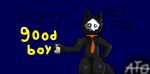  anthro artist_name better_call_saul black_body black_fur blue_background breaking_bad canid canine canis changed_(video_game) coffee_mug english_text fur goo_(disambiguation) good_boy latex male mammal necktie orange_necktie puro_(changed) saul_goodman simple_background solo text wolf 