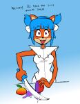  activision anthro blue_hair breasts crash_bandicoot_(series) female food fruit fur hair looking_at_viewer mario-grant megumi_bandicoot melee_weapon plant solo sword text video_games weapon wumpa_fruit 