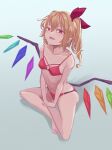  1girl absurdres bangs bikini blonde_hair breasts fangs flandre_scarlet full_body gradient gradient_background grey_background hair_ribbon highres indian_style kaden_(muxt8423) looking_at_viewer one_side_up pointy_ears red_eyes red_ribbon ribbon sitting small_breasts solo swimsuit touhou 