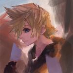  1boy black_gloves blonde_hair blue_eyes closed_mouth gloves hatching_(texture) highres hood hood_down kingdom_hearts male_focus mitu124521821 painterly solo spiked_hair upper_body ventus_(kingdom_hearts) 