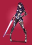  1girl armor bayonetta bayonetta_(series) bayonetta_3 beam_saber black_hair bodysuit braid cosplay glasses gzei highres jewelry lipstick long_hair looking_at_viewer makeup mole mole_under_mouth multicolored_hair one_eye_closed protagonist_(smtv) red_hair shin_megami_tensei shin_megami_tensei_v simple_background smile solo weapon 