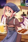  1girl alcohol animal_ears beer beer_mug bird_ears bird_wings cup food hair_between_eyes head_scarf holding holding_cup holding_plate japanese_clothes moja_(moja4192) mug mystia_lorelei obi okamisty open_mouth pink_eyes pink_hair plate sash short_hair short_sleeves smile solo touhou white_wings wings 