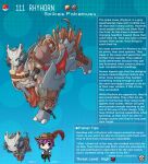  2022 2_toes artist_name clothing comparing duo elemental_creature english_text feet female grey_body hair hat headgear headwear hi_res human humanoid kinkymation male mammal mineral_fauna model_sheet nintendo pok&eacute;ball pok&eacute;mon pok&eacute;mon_(species) pok&eacute;morph purple_hair rhyhorn rock rock_creature short_hair smile species_description species_sheet taur text toes video_games wall_of_text yellow_eyes 