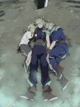  3boys armor belt black_shirt blonde_hair blue_pants blue_shirt brown_footwear buster_sword chirco_f closed_eyes cloud_strife final_fantasy final_fantasy_vii final_fantasy_vii_remake full_body gloves grey_shorts hair_between_eyes hand_on_own_chest holding_hands knee_pads layered_clothes long_sleeves low_ponytail lying male_child male_focus multiple_belts multiple_boys on_back on_ground on_side pants parted_lips shirt shorts shoulder_armor sleeping sleeveless sleeveless_turtleneck sleeves_rolled_up spiked_hair suspenders t-shirt turtleneck white_shirt younger 
