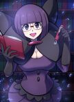  1girl bangs blunt_bangs bob_cut book bow bowtie breasts cleavage collarbone doku_yanagi dress elbow_gloves glasses gloves highres pin pokemon pokemon_(game) pokemon_bw purple_dress purple_hair purple_skirt shauntal_(pokemon) short_dress short_hair skirt solo v-shaped_eyebrows 