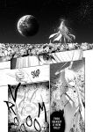  1other artist_request bangs coat earth_(planet) english_commentary english_text flower greyscale halo highres hololive hololive_english long_hair monochrome official_art omega_alpha open_clothes open_coat planet sky speech_bubble star_(sky) starry_sky triangle_halo 