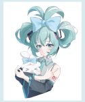  &gt;_&lt; 1girl alternate_hairstyle bare_shoulders blue_bow blue_eyes blue_hair blue_nails blue_necktie blush bow cinnamoroll collar collared_shirt detached_sleeves frilled_collar frills grey_shirt hair_between_eyes hair_bow hatsune_miku headphones highres holding looking_at_viewer necktie number_tattoo open_mouth sanqianqianqianqian_w sanrio shirt simple_background sleeveless sleeveless_shirt smile tattoo teeth v vocaloid white_background 