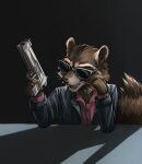  5_fingers anthro black_clothing black_nose black_topwear brown_body brown_fur clothing dress_shirt eyewear fingers formal_clothing fur guardians_of_the_galaxy gun handgun hi_res male mammal marvel open_mouth pink_clothing pink_shirt pink_topwear pistol procyonid raccoon ranged_weapon rocket_raccoon rogertaylorswift shirt solo sunglasses topwear two_tone_tail weapon whiskers white_body white_fur 