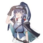  1girl :d arknights astgenne_(arknights) black_capelet black_gloves blue_eyes blue_hair blue_vest breasts capelet diamond-shaped_pupils diamond_(shape) dlin_(nnnl521) gloves goggles goggles_on_head hand_on_goggles hand_up highres looking_at_viewer open_mouth ponytail shirt sidelocks simple_background sketch small_breasts smile solo symbol-shaped_pupils upper_body vest white_background white_shirt 