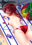  1girl ass back back_focus bikini blush breasts cocktail coconut commentary_request crab flower from_above haruhitooo highres hololive houshou_marine innertube large_breasts looking_at_viewer looking_back lotion lying on_stomach red_bikini red_eyes red_hair shell sideboob smile solo sunscreen swimsuit untied untied_bikini virtual_youtuber 