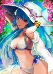  1girl bangs beach bikini blue_hair breasts cowboy_shot floral_background flower flower_ornament gloves hat highres kula_diamond long_hair looking_at_viewer medium_breasts open_clothes open_shirt swimsuit the_king_of_fighters white_bikini white_headwear yuu_(primenumber7) 