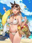  1girl atelier_(series) atelier_ryza atelier_ryza_2 bangs beach bikini blue_sky breasts brown_eyes brown_hair hair_ornament hairclip hat highres jewelry large_breasts looking_at_viewer navel ocean official_art open_mouth outdoors reisalin_stout short_hair shorts sky smile solo swimsuit thick_thighs thighhighs thighs tropical water 