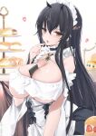  alternate_costume apron azur_lane bare_shoulders between_breasts black_hair breasts card card_between_breasts choker cleavage covered_nipples dress enmaided finger_to_mouth food frilled_dress frilled_sleeves frills heart highres huge_breasts indomitable_(azur_lane) indomitable_(ms._motivationless_maid)_(azur_lane) maid maid_apron maid_headdress pastry underboob won_(az_hybrid) 