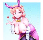  1girl aka_nobodyy animal_ears bare_shoulders blowing_kiss breasts chronoa cleavage collarbone colored_skin detached_collar detached_sleeves dragon_ball dragon_ball_xenoverse dress earrings heart highres jewelry large_breasts looking_at_viewer no_bra one_eye_closed orange_hair pants pink_skin playboy_bunny pointy_ears potara_earrings purple_dress rabbit_ears short_hair solo twitter_username 