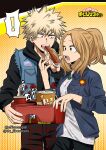  ! 1boy 1girl absurdres badge bakugou_katsuki bangs belt black_hoodie blonde_hair boku_no_hero_academia breasts brown_eyes brown_hair can cloud cup disposable_cup ear_piercing eating effasempai explosion explosive flower food from_behind ghost grenade grey_shirt highres hood hoodie hot_dog jewelry ketchup large_breasts logo long_hair multicolored_pants multicolored_shirt mustard necklace pants piercing ponytail popcorn red_eyes rose shirt short_hair soda_can star_(symbol) tray utsushimi_kemii vest 