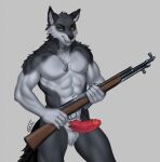  abs anthro aroused canid canine canis dog_tags erection fur genitals grey_body grey_fur gun hi_res humanoid_genitalia humanoid_penis looking_at_viewer male mammal muscular muscular_male nude obliques pecs penis ranged_weapon rifle seductive simple_background sks solo variri vein veiny_penis weapon white_body white_fur wolf yellow_eyes 