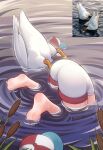  1girl animal ass barefoot baseball_cap bird cattail duck hat hat_removed headwear_removed highres hololive merrytail oozora_subaru partially_submerged plant reference_inset ripples short_shorts shorts soles subaru_duck virtual_youtuber water white_headwear white_shorts 
