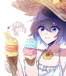  2girls arrow_(symbol) bangs bare_arms bare_shoulders black_hair blue_eyes blue_hair breasts brown_headwear bungpa6 butterfly_earrings character_request cleavage closed_mouth collarbone commentary_request dress earrings flower food frilled_dress frills hair_between_eyes hat hat_flower holding holding_food homu_(honkai_impact) honkai_(series) honkai_impact_3rd ice_cream ice_cream_cone jewelry long_hair multiple_girls short_hair simple_background sleeveless sleeveless_dress small_breasts smile straw_hat sunflower triple_scoop upper_body white_background white_dress yellow_flower 