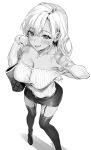  1girl bag bangs bare_shoulders blush breasts cleavage commentary_request earrings from_above garter_straps greyscale handbag hands_up highres jewelry large_breasts long_hair long_sleeves looking_at_viewer monochrome off_shoulder original parted_lips sage_joh shirt skirt smile solo thighhighs 