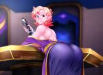  1girl aka_nobodyy ass back bare_shoulders blush breasts chronoa colored_skin detached_sleeves dragon_ball dragon_ball_xenoverse dress earrings from_behind grin highres holding holding_scroll indoors jewelry large_breasts looking_back orange_hair pants pink_skin pointy_ears potara_earrings purple_dress scroll short_hair smile solo table twitter_username underboob 