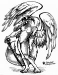  1998 amara_telgemeier anthro avian beak canid canine dipstick_tail female fox gryphon hybrid mammal markings monochrome mythological_avian mythology pinup pose solo staff tail_markings traditional_media_(artwork) wings 