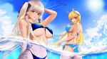  2girls aircraft airplane alternate_costume anniversary arm_behind_back arm_behind_head armpits ass azur_lane back bangs bare_back bare_shoulders beefusteku bikini black_ribbon blonde_hair blue_bikini blue_eyes blue_swimsuit blush breasts cleavage collarbone english_commentary feet_out_of_frame formidable_(azur_lane) from_side grey_hair hair_ornament hair_ribbon hairclip highres huge_breasts long_hair looking_at_viewer looking_to_the_side multiple_girls navel on_water open_mouth parted_lips red_eyes ribbon sideboob smile standing stomach swimsuit teeth thighs twintails underboob upper_teeth victorious_(azur_lane) 
