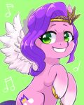  crown cutie_mark equid equine eyelashes eyelashes_through_hair feathered_wings feathers feral fetlocks green_background hair hasbro hi_res hooves mammal mlp_g5 musical_note my_little_pony pegasus pink_body pipp_petals_(mlp) purple_hair signature simple_background smile solo spread_wings translucent translucent_hair wavy_hair wings yukkuri_yu_yu 