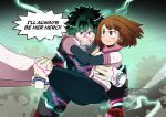  1boy 1girl ass belt black_footwear blush bodysuit boku_no_hero_academia boots breasts brown_eyes brown_hair collar effasempai from_behind gloves green_bodysuit green_eyes green_hair highres large_breasts midoriya_izuku multicolored_bodysuit multicolored_clothes non-web_source pink_bodysuit pink_footwear red_footwear short_hair smile spiked_hair teeth uraraka_ochako 