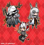  1boy 2girls :d ahoge alugard animal_ears antennae argyle argyle_background arknights black_dress black_pants boots chibi coat demon_girl demon_horns demon_tail dress ear_ornament food frostnova_(arknights) full_body grey_eyes grey_footwear grey_hair grey_shirt grey_thighhighs hair_ornament hair_over_one_eye hairclip holding holding_food holding_knife holding_polearm holding_weapon horns knife long_hair looking_at_viewer multiple_girls official_alternate_costume one_eye_covered open_clothes open_coat open_mouth orange_ribbon pants patriot_(arknights) polearm potato rabbit_ears rabbit_girl red_background red_eyes ribbon scar scar_on_arm scar_on_face scar_on_nose shirt short_hair simple_background smile tail thigh_pouch thighhighs twitter_username w_(arknights) w_(fugue)_(arknights) weapon white_coat 