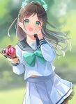  1girl absurdres airi_(blue_archive) blue_archive blue_eyes blurry blurry_background blush commentary_request food hair_ornament halo hand_to_own_face highres ice_cream long_hair looking_at_viewer nomio open_mouth school_uniform solo 