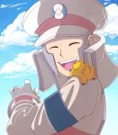  1boy closed_eyes cloud coat day emmet_(pokemon) gloves grey_hair happy hat highres joltik male_focus on_shoulder peaked_cap pokemon pokemon_(creature) pokemon_(game) pokemon_bw pokemon_on_shoulder rei_(esprei96) sky smile teeth white_coat white_gloves 