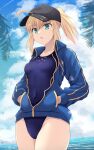  artoria_pendragon_(fate) blonde_hair cross_(crossryou) fate/grand_order fate_(series) green_eyes highres hood hoodie looking_at_viewer mysterious_heroine_x_(fate) ocean open_mouth swimsuit 