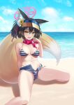  1girl animal_ear_fluff animal_ears beach bikini bikini_under_clothes black_hair blue_archive blue_shorts blue_sky breasts cloud day fox_ears fox_girl fox_tail halo izuna_(blue_archive) izuna_(swimsuit)_(blue_archive) medium_breasts micro_shorts navel ocean outdoors red_scarf scarf short_hair shorts sky solo striped striped_bikini swimsuit tail visor_cap yellow_eyes zi_se 