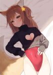  1girl animal_ear_fluff animal_ears annytf black_gloves black_sweater breasts brown_eyes brown_hair cleavage cleavage_cutout clothing_cutout commentary_request commission cropped_sweater fingerless_gloves fox_ears fox_girl fox_tail gloves groin hair_ornament hand_on_own_stomach heart_cutout highleg highleg_leotard highres indie_virtual_youtuber leotard leotard_pull leotard_under_clothes long_hair lying mirai_(mirai76_) on_back pulled_by_self red_leotard side_ponytail skeb_commission smile solo star_(symbol) star_hair_ornament sweater tail thigh_gap thighs virtual_youtuber 