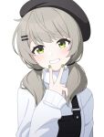  1girl bangs black_headwear clenched_teeth gengojisu green_eyes green_nails grey_hair hand_up hat highres long_sleeves looking_at_viewer low_twintails overalls smile solo sweater teeth turtleneck turtleneck_sweater twintails upper_body v viichan virtual_youtuber waktaverse white_sweater 