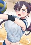  1girl bangs black_choker black_hair blue_shorts blurry blurry_background blush bnags breasts choker earrings fang grey_shirt hair_ornament highres jewelry large_breasts motto_notto navel oepn_mouth original ponytail red_hair shiny shiny_hair shirt shorts skin_fang solo sportswear stomach volleyball volleyball_uniform 