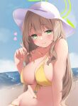  1girl absurdres bangs bare_shoulders beach bikini blue_archive blue_sky blush breasts brown_hair cleavage closed_mouth collarbone day front-tie_bikini front-tie_top green_eyes halo hat heart highres large_breasts lifted_by_self long_hair navel noa0319 nonomi_(blue_archive) ocean outdoors ribbon sky smile solo strap_lift sun_hat swimsuit upper_body very_long_hair water white_headwear yellow_bikini yellow_ribbon 