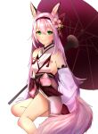  1girl animal_ears azur_lane bangs bare_shoulders beefusteku blush breasts closed_mouth feet_out_of_frame flower fox_ears fox_tail green_eyes hair_flower hair_ornament hairband hanazuki_(azur_lane) highres japanese_clothes kimono legs long_hair looking_at_viewer medium_breasts oil-paper_umbrella on_floor pink_hair red_hairband sideboob smile solo tail thighs umbrella white_background 