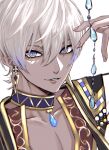  1boy avanokabeuch bishounen choker dark_skin earrings gem gold_trim green_eyes hair_between_eyes highres ibrahim_(nijisanji) indonesian_clothes jewelry male_focus multicolored_eyes nijisanji portrait purple_eyes simple_background solo virtual_youtuber white_background white_hair 